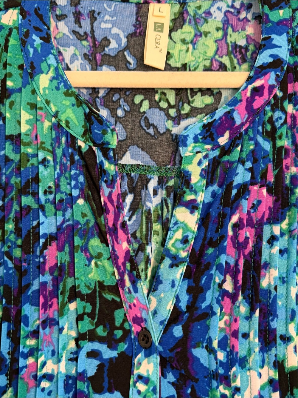 la cera Women's Large Tunic Top Blue Green Artistic Pleated Stretchy 3/4 Sleeve - Picture 7 of 11